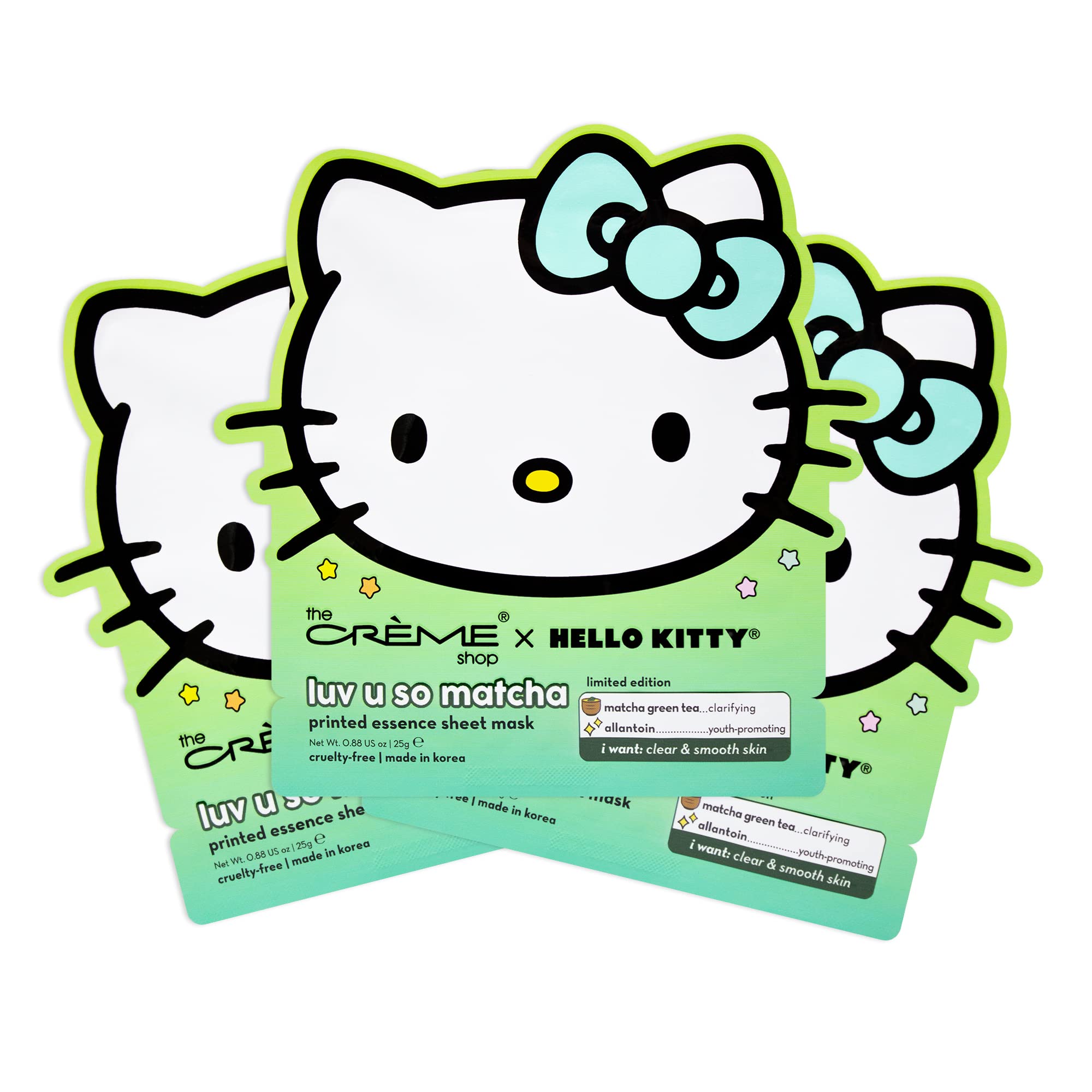 The Crème Shop x Hello Kitty Luv U So Matcha Printed Essence Sheet Mask, Green Tea Korean Face Mask - 3 Pack